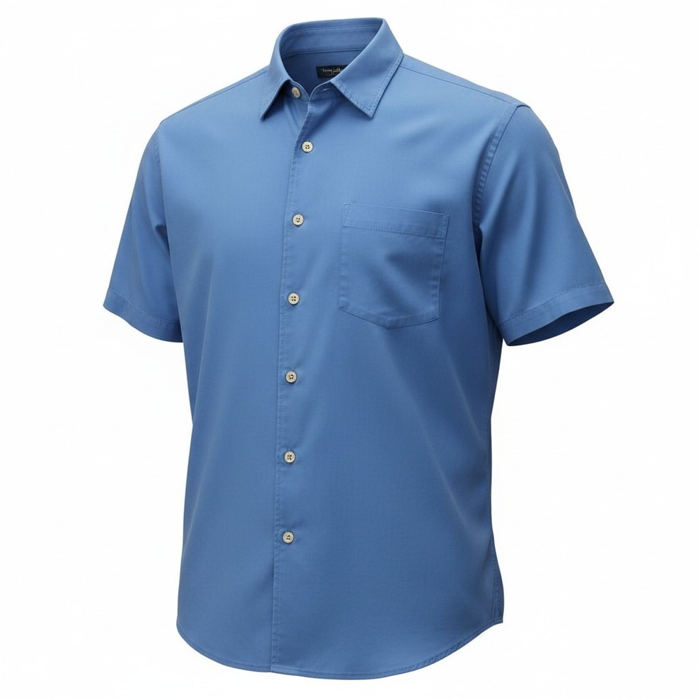 Tommy Bahama Button Down Shirt Mens L Large Blue Silk Blend Short Sleeve Pocket